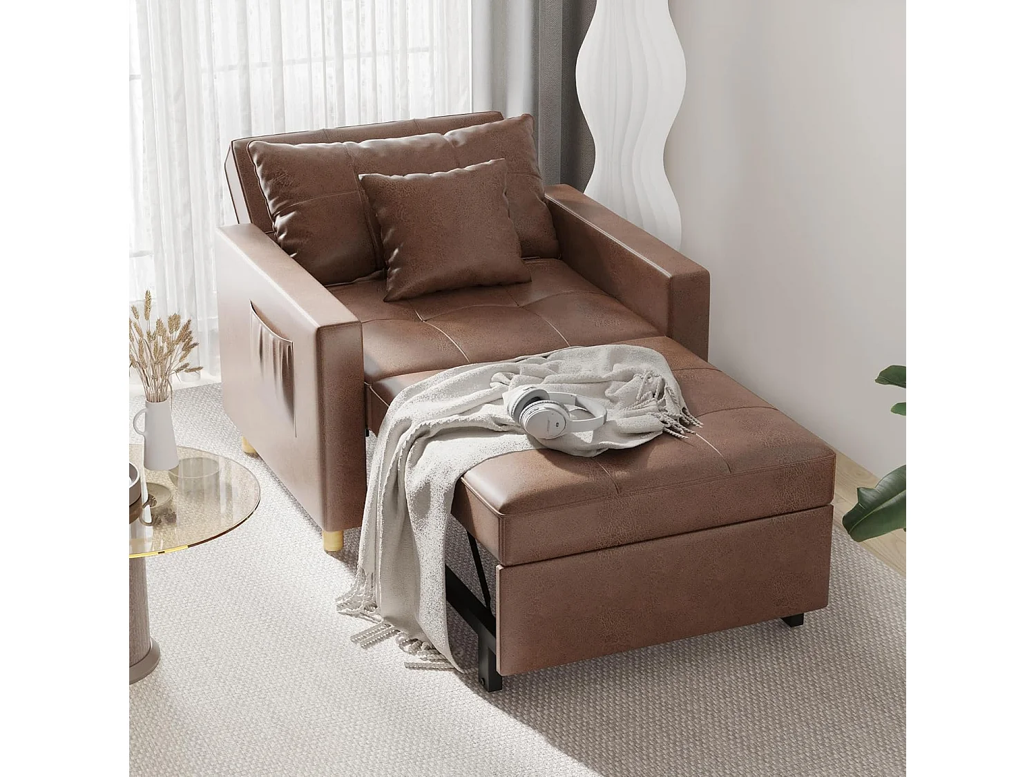 YODOLLA Gepolstertes Schlafsofa, 3-in-1 Schlafsessel mit Bettfunktion & verstellbarer Rückenlehne, Getränkehalter, Seitentaschen - 188 x 97 x 59 cm - Braun