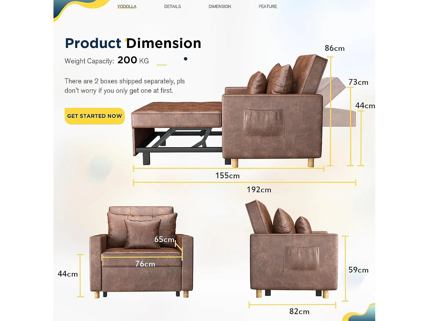 YODOLLA Gepolstertes Schlafsofa, 3-in-1 Schlafsessel mit Bettfunktion & verstellbarer Rückenlehne, Getränkehalter, Seitentaschen - 188 x 97 x 59 cm - Braun