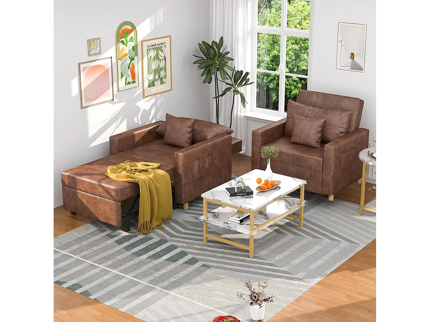 YODOLLA Gepolstertes Schlafsofa, 3-in-1 Schlafsessel mit Bettfunktion & verstellbarer Rückenlehne, Getränkehalter, Seitentaschen - 188 x 97 x 59 cm - Braun