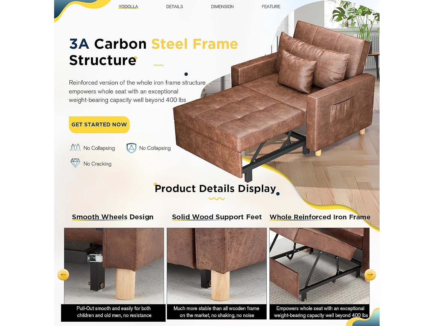 YODOLLA Gepolstertes Schlafsofa, 3-in-1 Schlafsessel mit Bettfunktion & verstellbarer Rückenlehne, Getränkehalter, Seitentaschen - 188 x 97 x 59 cm - Braun