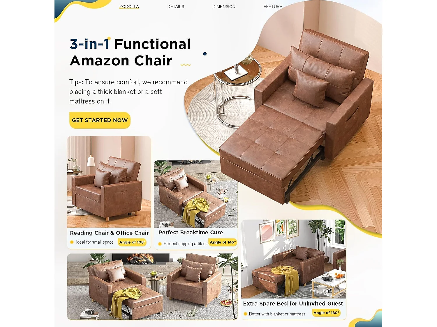 YODOLLA Gepolstertes Schlafsofa, 3-in-1 Schlafsessel mit Bettfunktion & verstellbarer Rückenlehne, Getränkehalter, Seitentaschen - 188 x 97 x 59 cm - Braun