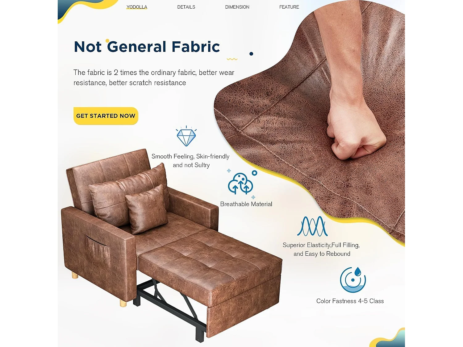 YODOLLA Gepolstertes Schlafsofa, 3-in-1 Schlafsessel mit Bettfunktion & verstellbarer Rückenlehne, Getränkehalter, Seitentaschen - 188 x 97 x 59 cm - Braun