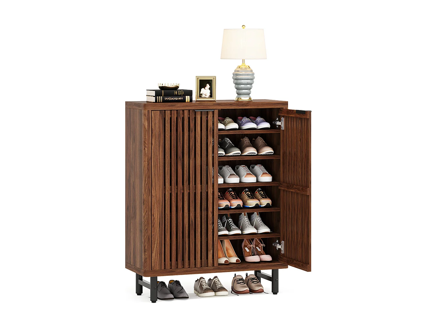 Meuble à chaussures de style campagnard à 6 niveaux avec portes à volets, étagère à chaussures réglable, marron