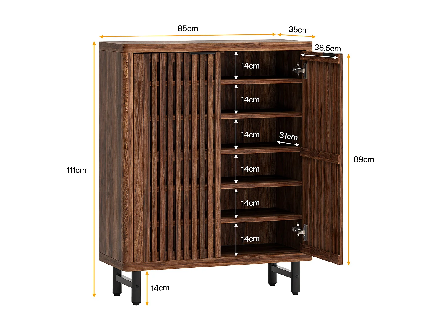 Meuble à chaussures de style campagnard à 6 niveaux avec portes à volets, étagère à chaussures réglable, marron