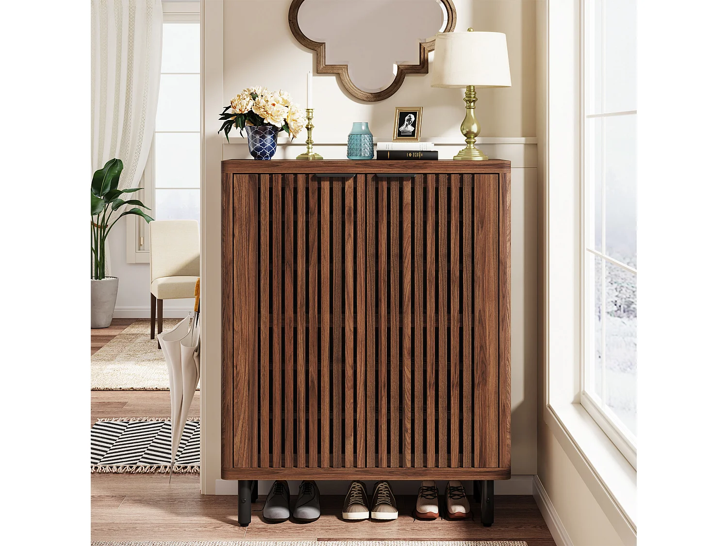 Meuble à chaussures de style campagnard à 6 niveaux avec portes à volets, étagère à chaussures réglable, marron