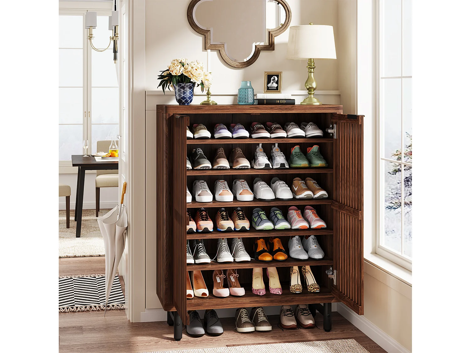 Armário para sapatos de quinta com 6 níveis e portas em persiana, Rack organizador de sapatos com prateleiras ajustáveis, Marrom