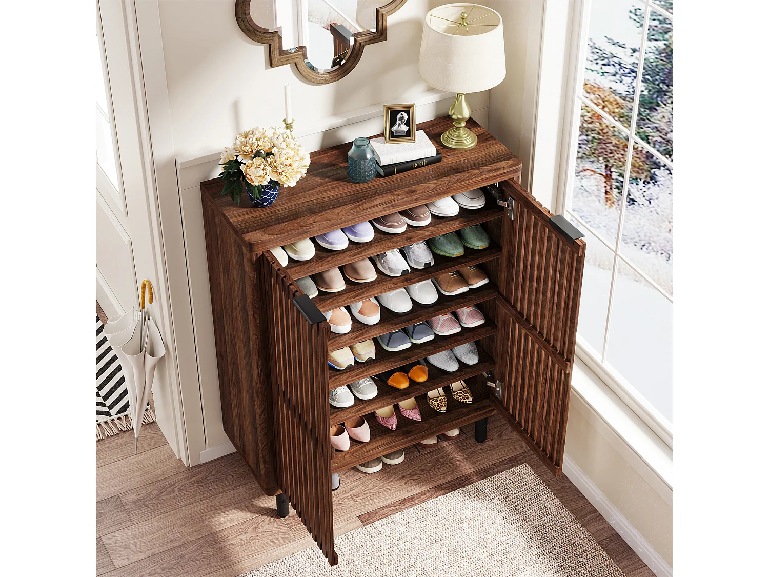 Armário para sapatos de quinta com 6 níveis e portas em persiana, Rack organizador de sapatos com prateleiras ajustáveis, Marrom