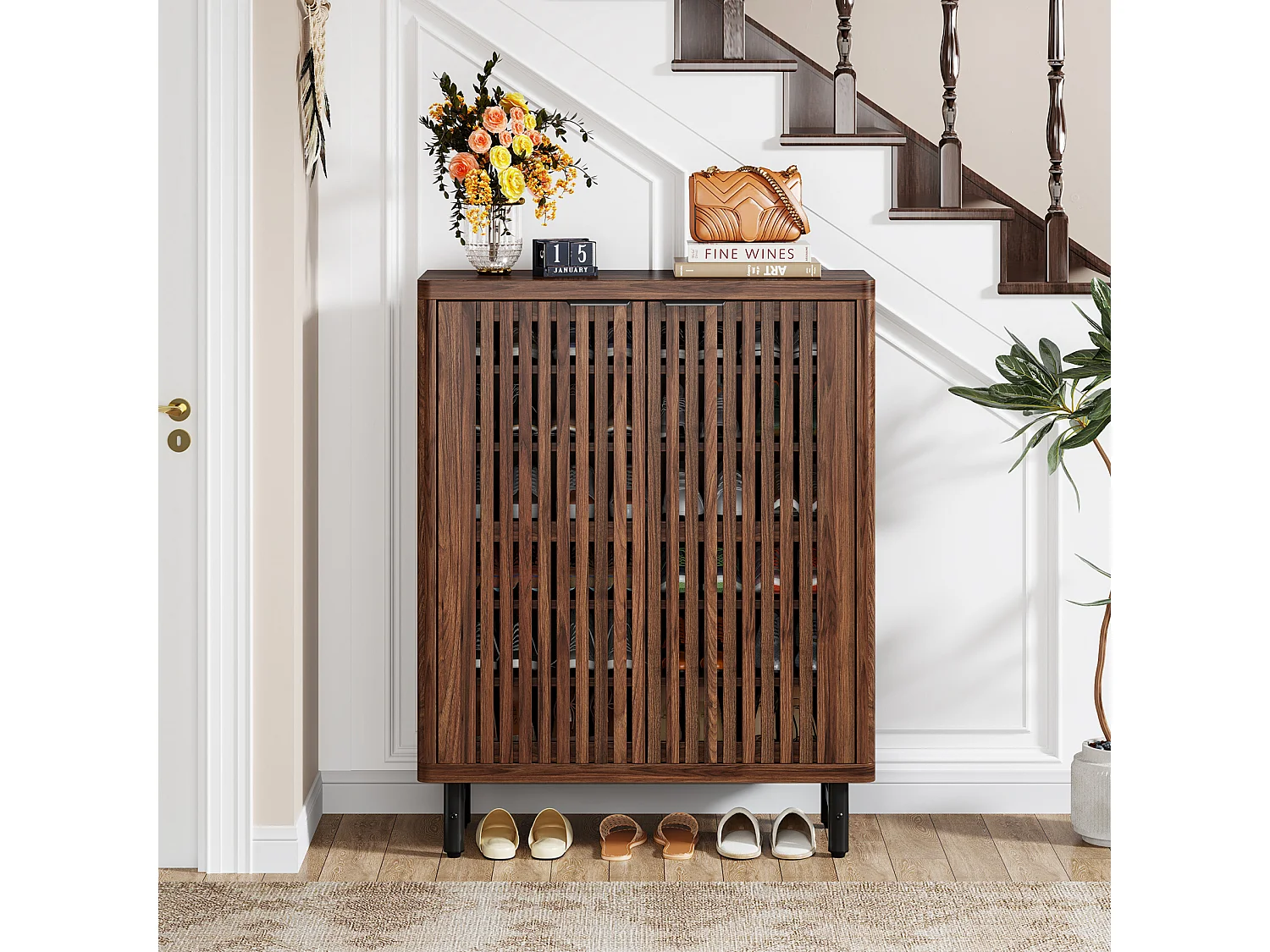 Armário para sapatos de quinta com 6 níveis e portas em persiana, Rack organizador de sapatos com prateleiras ajustáveis, Marrom