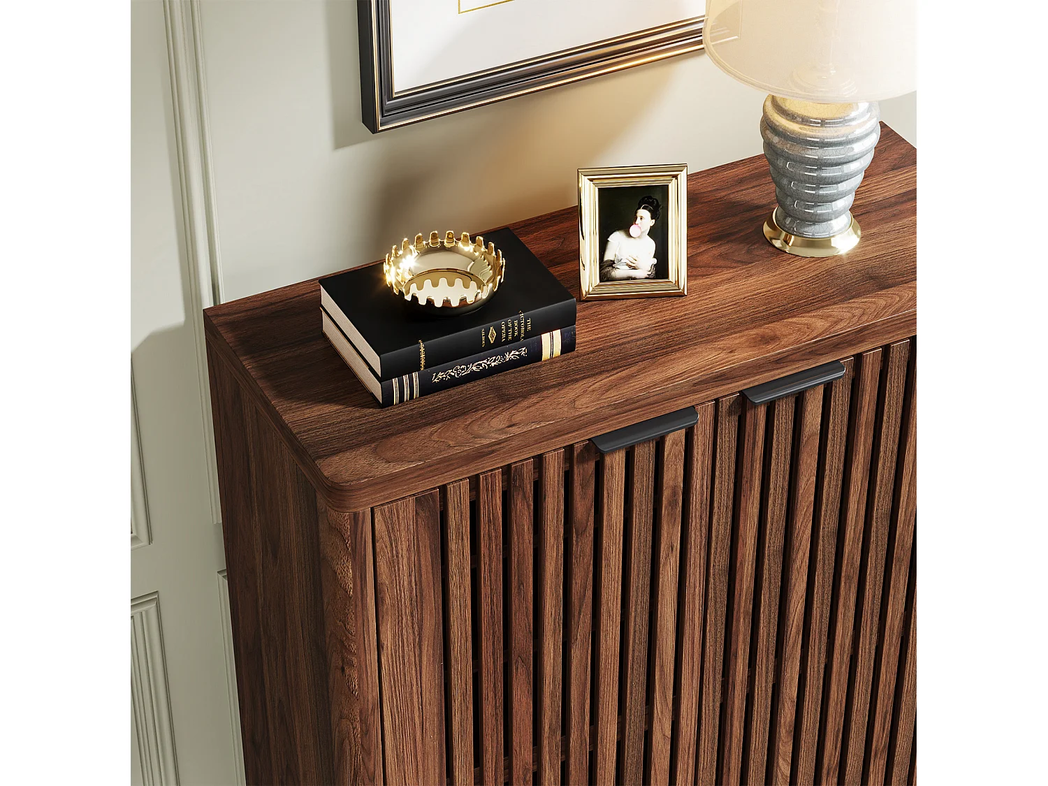 Armário para sapatos de quinta com 6 níveis e portas em persiana, Rack organizador de sapatos com prateleiras ajustáveis, Marrom