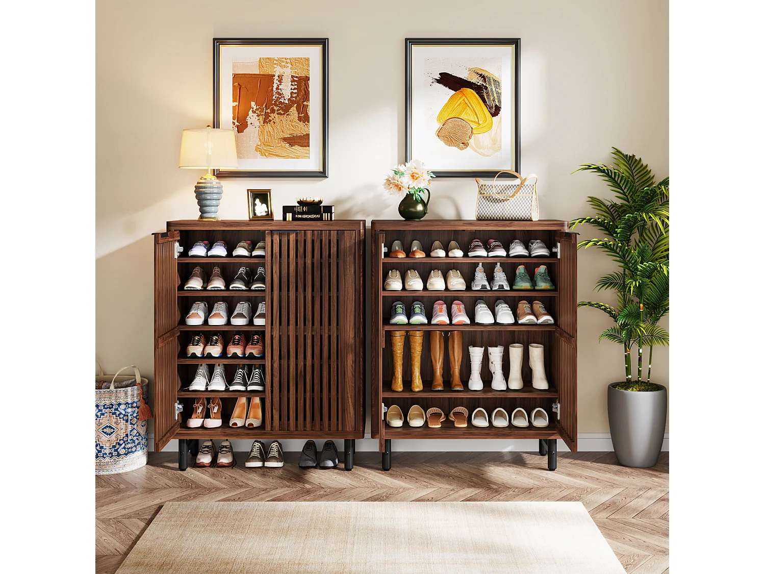 Armário para sapatos de quinta com 6 níveis e portas em persiana, Rack organizador de sapatos com prateleiras ajustáveis, Marrom