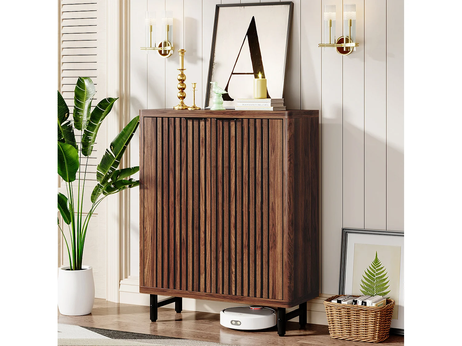 Armário para sapatos de quinta com 6 níveis e portas em persiana, Rack organizador de sapatos com prateleiras ajustáveis, Marrom