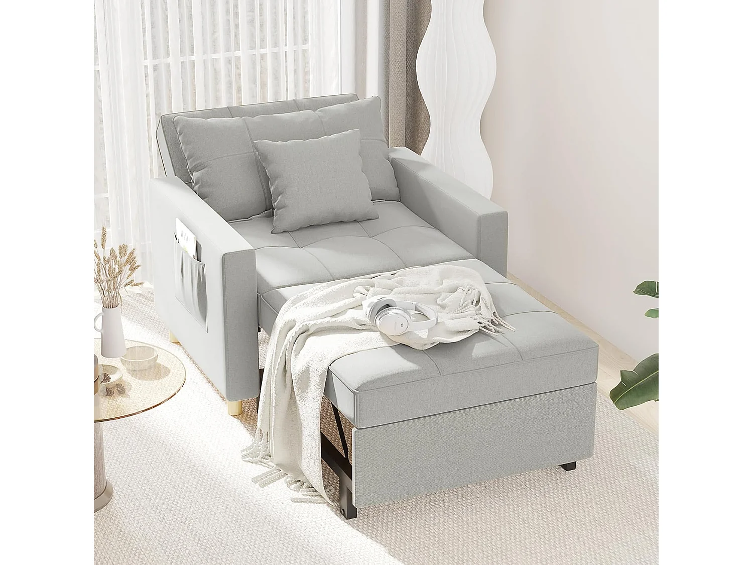 YODOLLA 192cm schlafsessel, 3-in-1 Schlaferstuhl ausziehbar mit Bettfunktion, Seitentasche & verstellbarer Rückenlehne für Gästezimmer, Hellgrau
