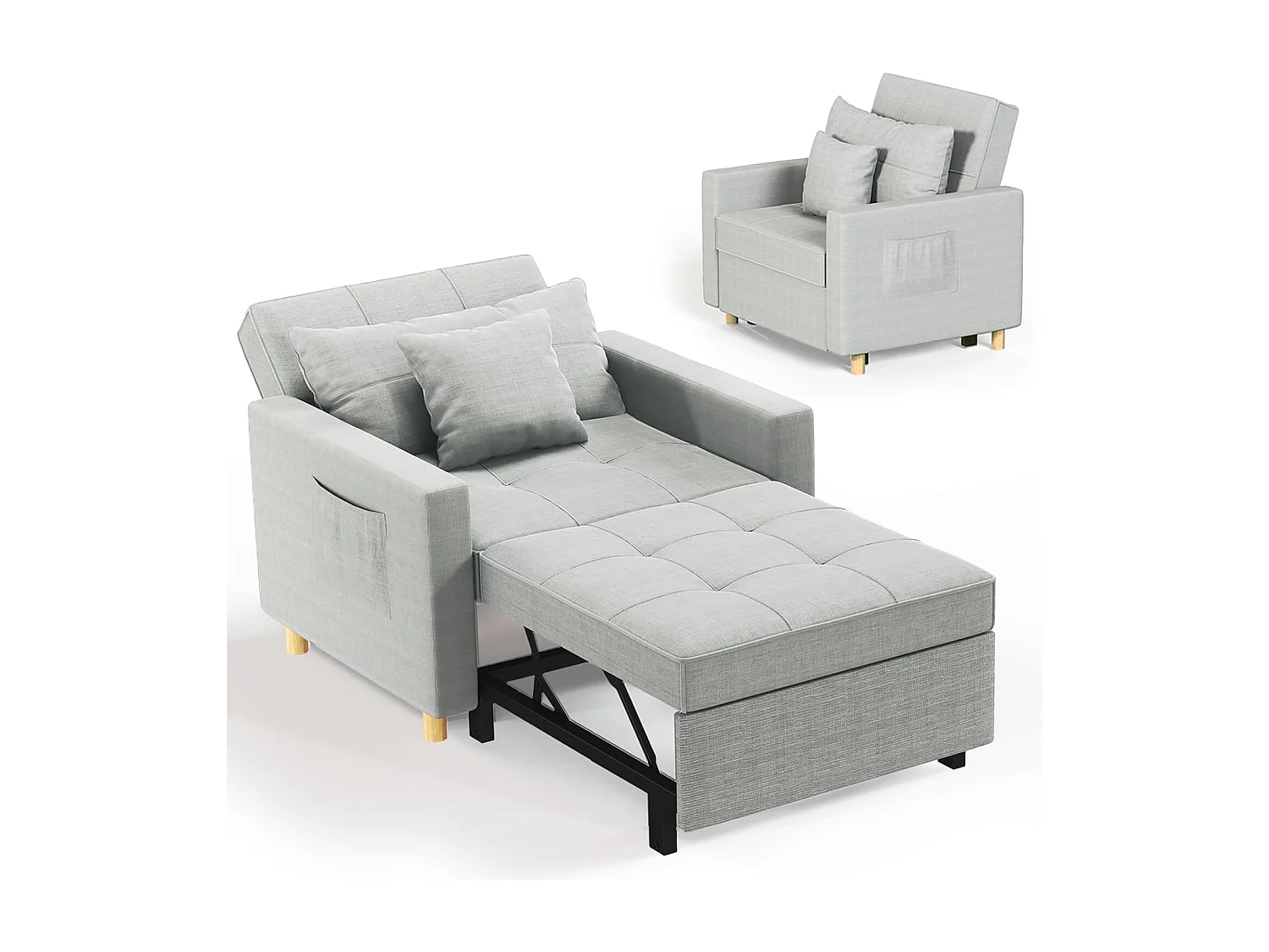 YODOLLA 192cm schlafsessel, 3-in-1 Schlaferstuhl ausziehbar mit Bettfunktion, Seitentasche & verstellbarer Rückenlehne für Gästezimmer, Hellgrau