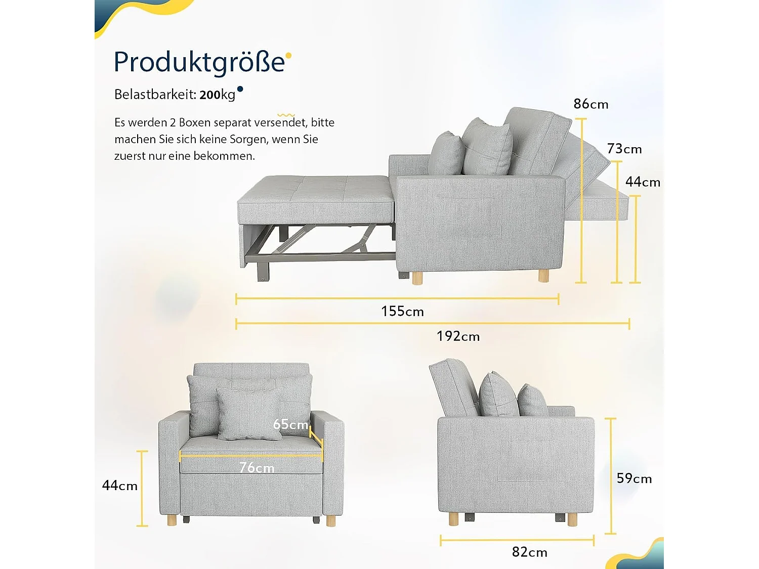 YODOLLA 192cm schlafsessel, 3-in-1 Schlaferstuhl ausziehbar mit Bettfunktion, Seitentasche & verstellbarer Rückenlehne für Gästezimmer, Hellgrau