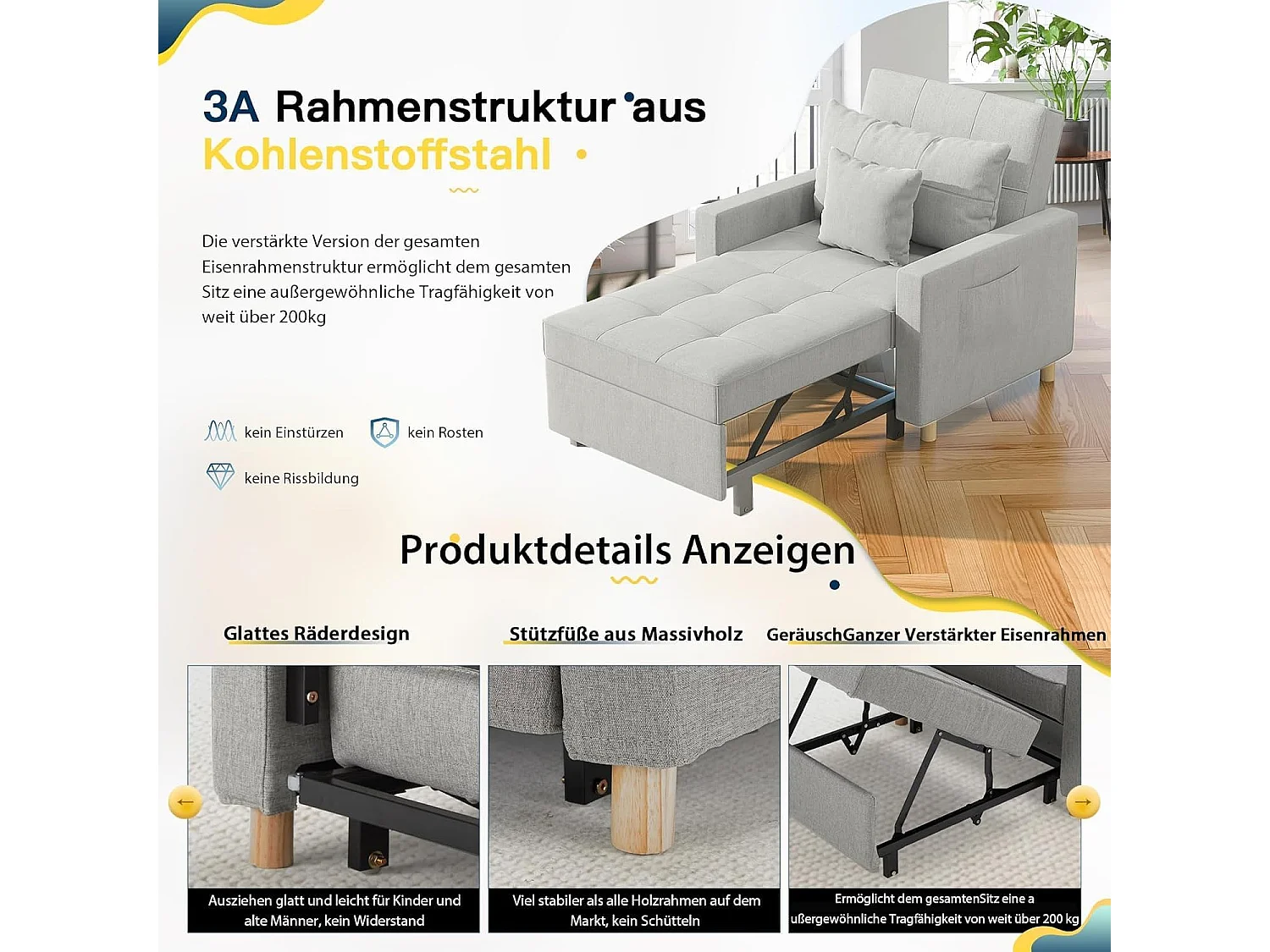 YODOLLA 192cm schlafsessel, 3-in-1 Schlaferstuhl ausziehbar mit Bettfunktion, Seitentasche & verstellbarer Rückenlehne für Gästezimmer, Hellgrau