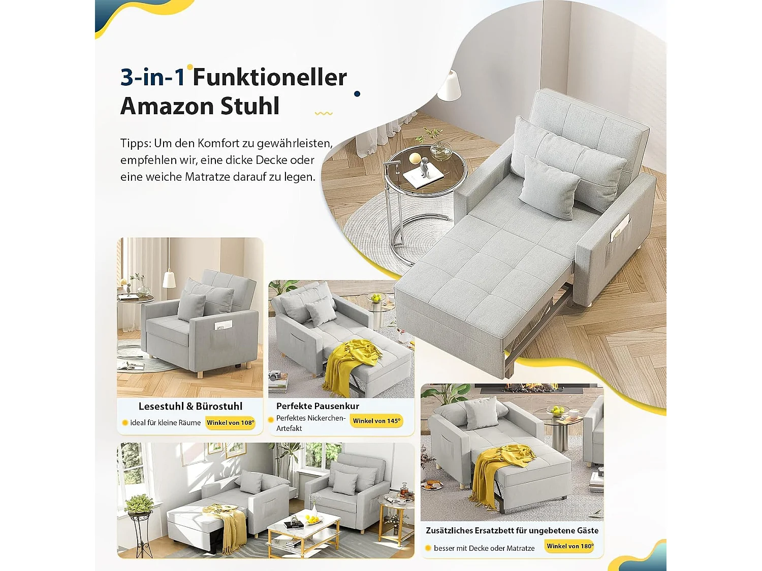 YODOLLA 192cm schlafsessel, 3-in-1 Schlaferstuhl ausziehbar mit Bettfunktion, Seitentasche & verstellbarer Rückenlehne für Gästezimmer, Hellgrau