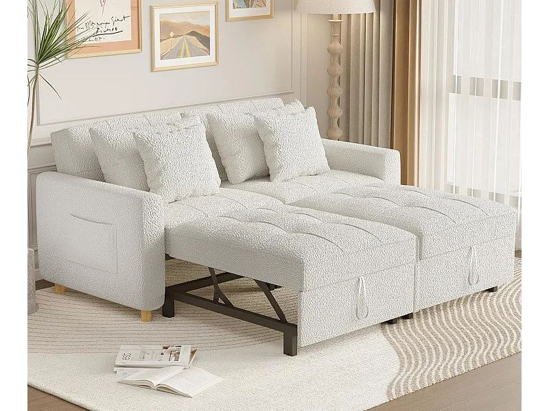 YODOLLA 3-in-1 Schlafsessel mit verstellbarer Rückenlehne, ausziehbares Doppelbett mit Bettfunktion für Erwachsene, Teddy Weiß