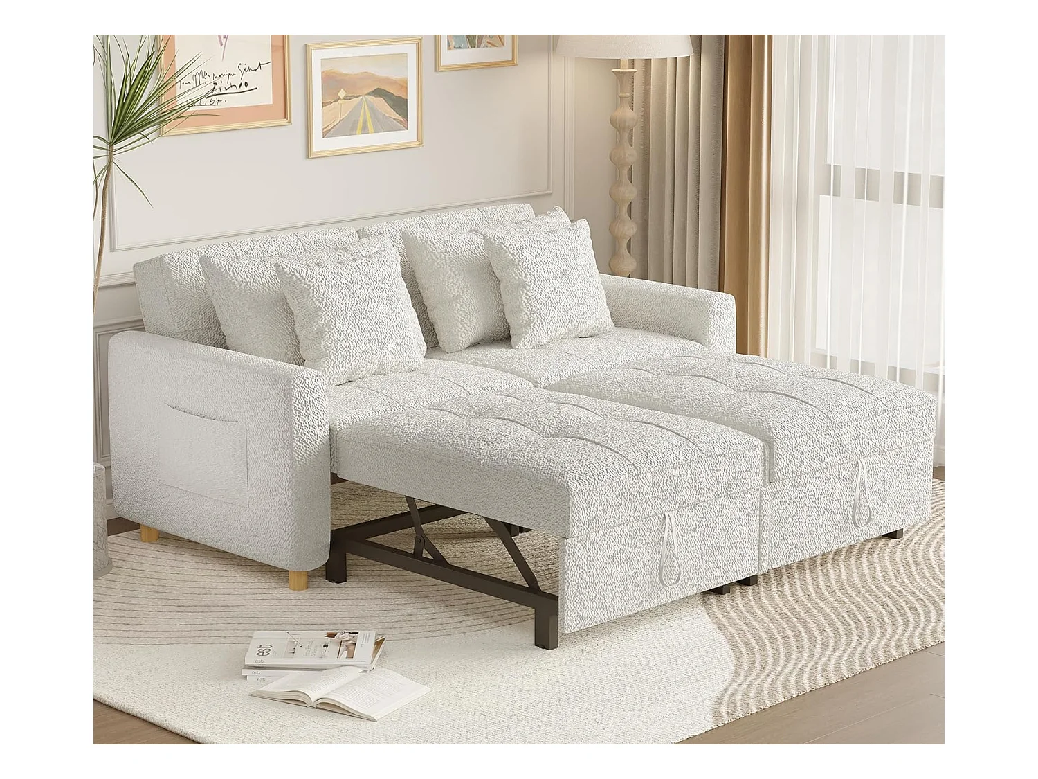 YODOLLA 3-in-1 Schlafsessel mit verstellbarer Rückenlehne, ausziehbares Doppelbett mit Bettfunktion für Erwachsene, Teddy Weiß