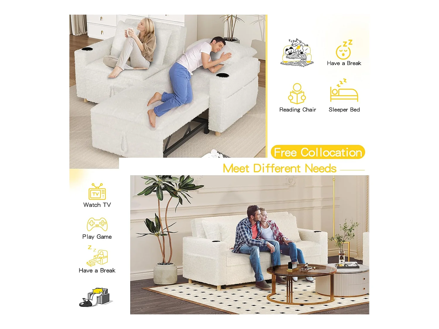 YODOLLA 3-in-1 Schlafsessel mit verstellbarer Rückenlehne, ausziehbares Doppelbett mit Bettfunktion für Erwachsene, Teddy Weiß