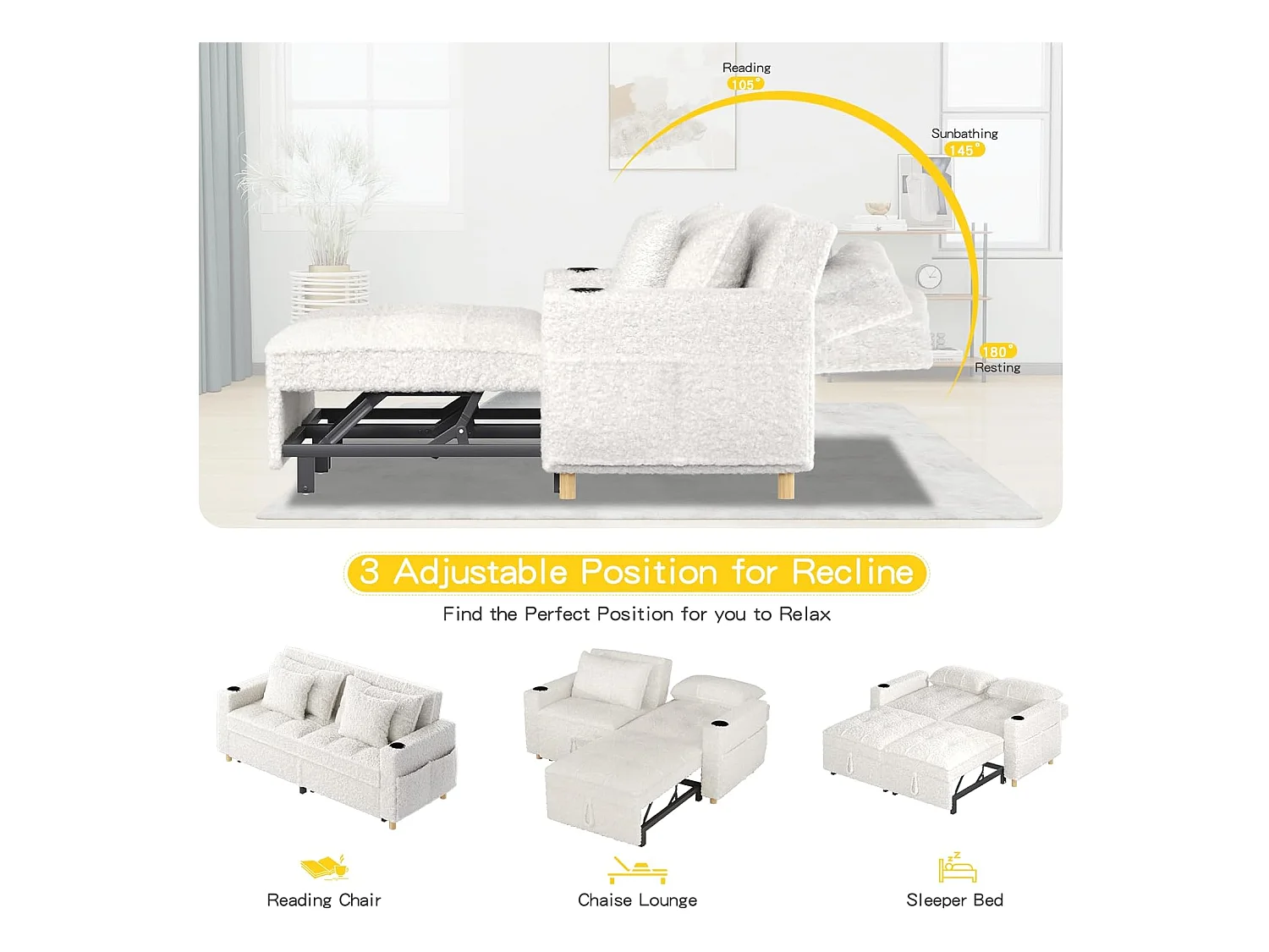 YODOLLA 3-in-1 Schlafsessel mit verstellbarer Rückenlehne, ausziehbares Doppelbett mit Bettfunktion für Erwachsene, Teddy Weiß