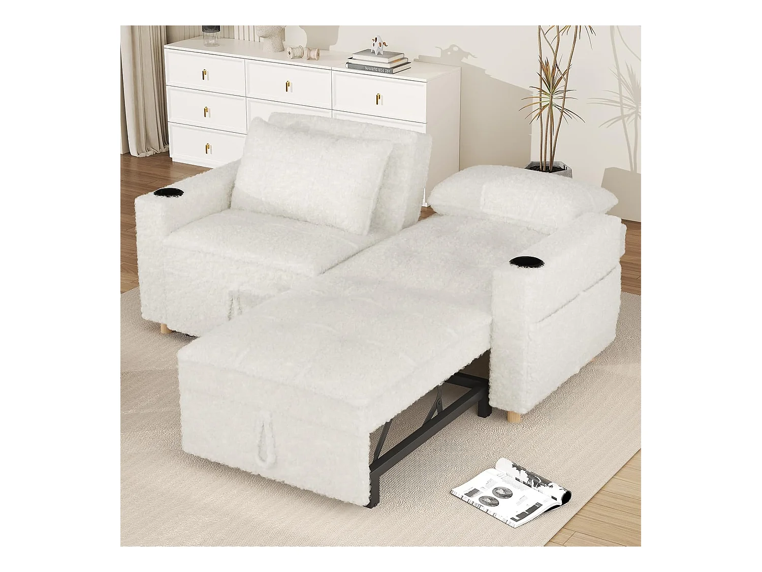 YODOLLA 3-in-1 Schlafsessel mit verstellbarer Rückenlehne, ausziehbares Doppelbett mit Bettfunktion für Erwachsene, Teddy Weiß