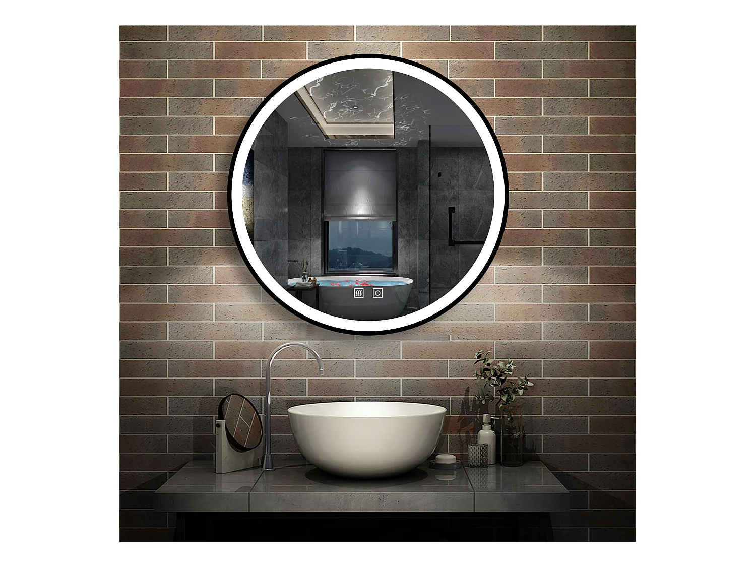 AICA Miroir de salle de bain Lumineux Rond 80cm Cadre Noir, 3 Colours et Anti-Buée et Mémoire et Dimmable