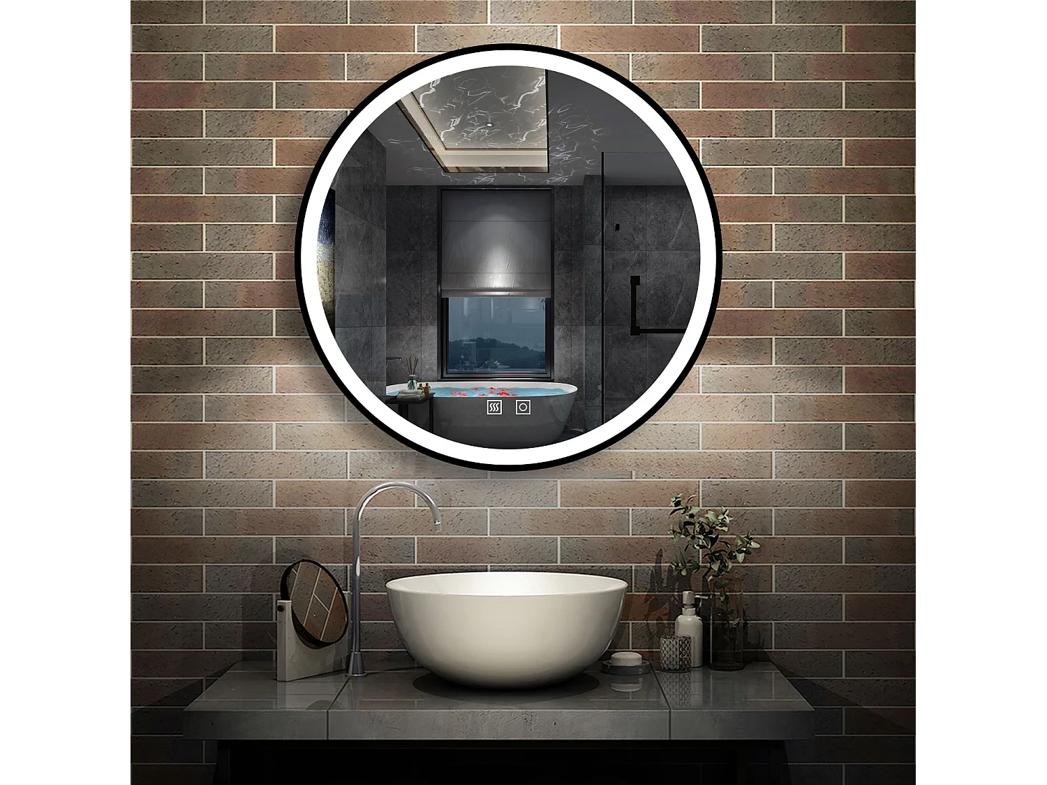 AICA Miroir de salle de bain Lumineux Rond 80cm Cadre Noir, 3 Colours et Anti-Buée et Mémoire et Dimmable