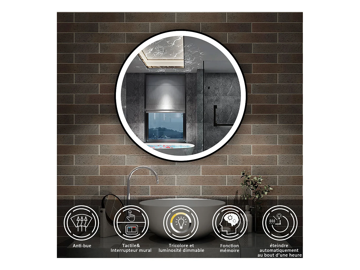 AICA Miroir de salle de bain Lumineux Rond 70cm Cadre Noir, 3 Colours et Anti-Buée et Mémoire et Dimmable