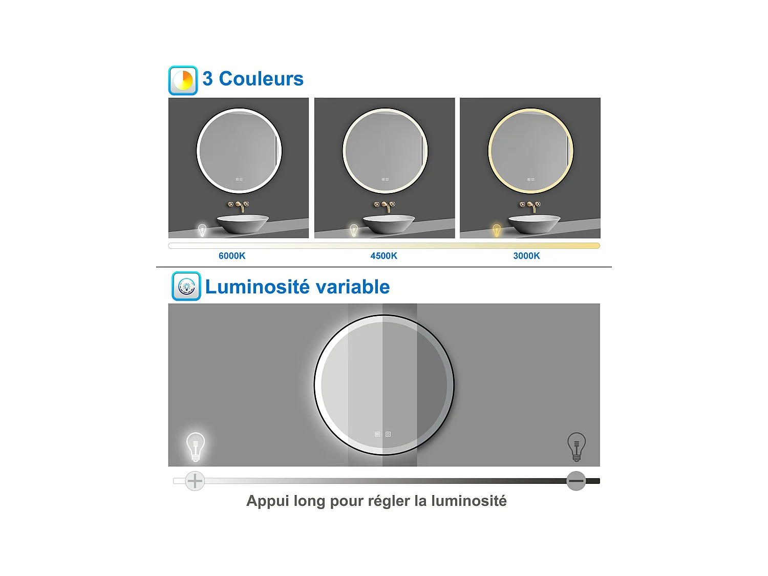 AICA Miroir de salle de bain Lumineux Rond 70cm Cadre Noir, 3 Colours et Anti-Buée et Mémoire et Dimmable