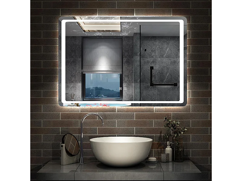 AICA Miroir lumineux à LED 100x70cm, Dimmable et Mémoire, Anti-Buée, Miroir de salle de bain