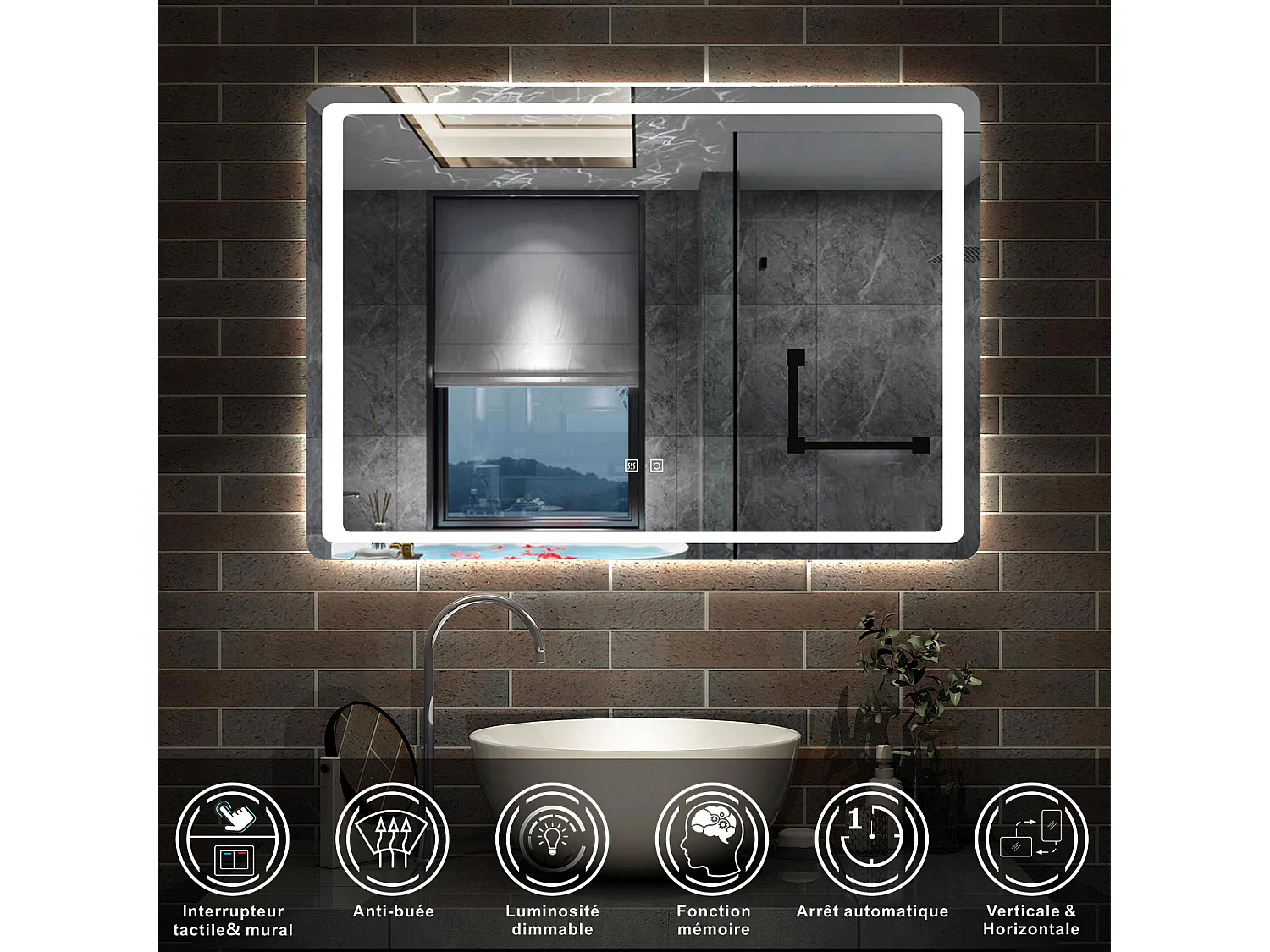 AICA Miroir lumineux à LED 100x70cm, Dimmable et Mémoire, Anti-Buée, Miroir de salle de bain