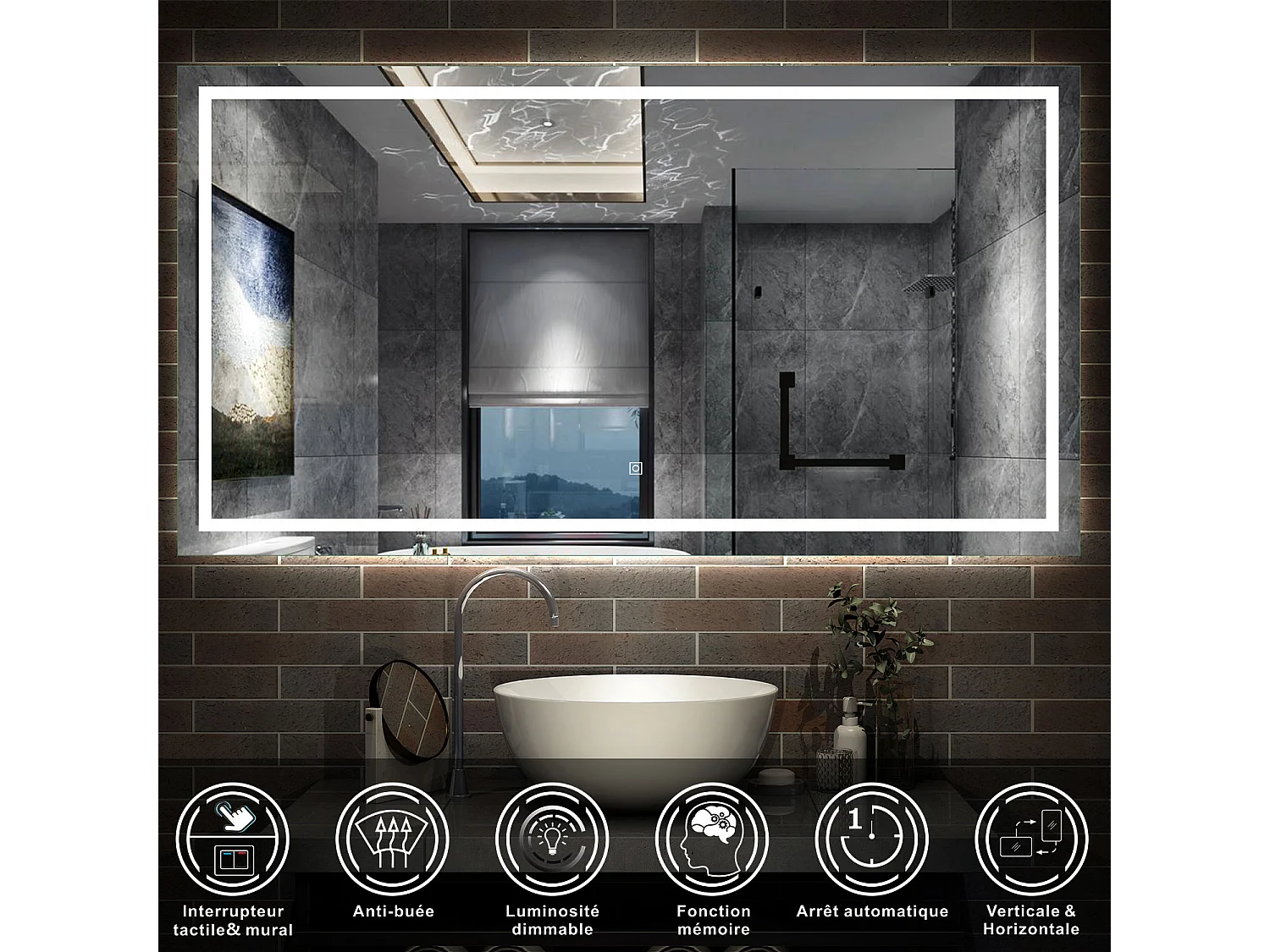 AICA Miroir Salle de Bain Lumineux Anti-buée, et éclairage 160 x 70cm Dimmable, Mémoire, CE // IP44 HD Verre Miroir-Mural