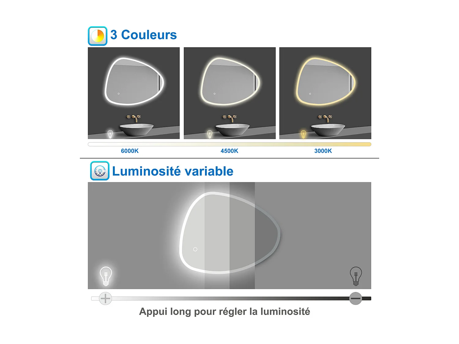 AICA Miroir lumineux Asymétrique LED 80x65cm, Teardrop Miroir, Tricolore +  Dimmable + Anti-buée