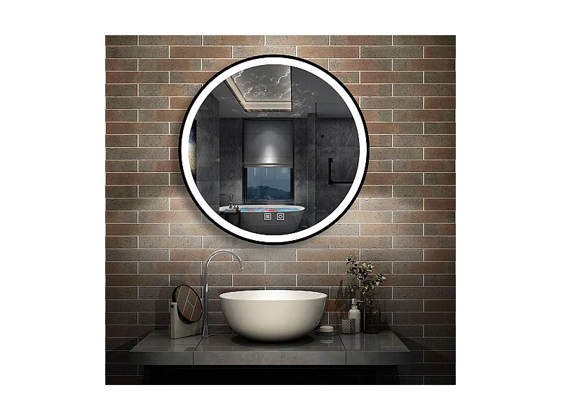 AICA Miroir de salle de bain Lumineux Rond 60cm Cadre Noir, 3 Colours et Anti-Buée et Mémoire et Dimmable