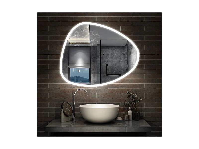 AICA Miroir salle de bain Lumineux 80x55cm Design Asymétrique, Teardrop Mirror, et 3 Colours Dimmable et Anti-buée et Mémoire