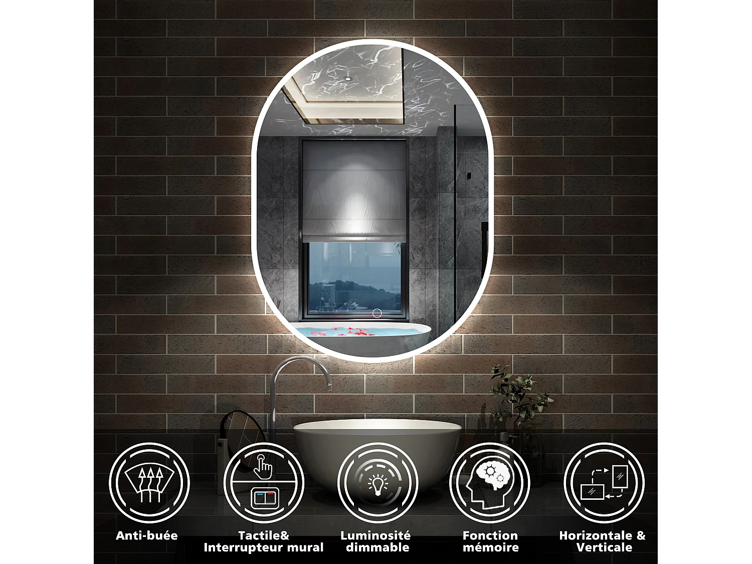 AICA Miroir de salle de bain ovale 50x90cm, mémoire et dimmable et anti-buée, IP44, CE // IP44