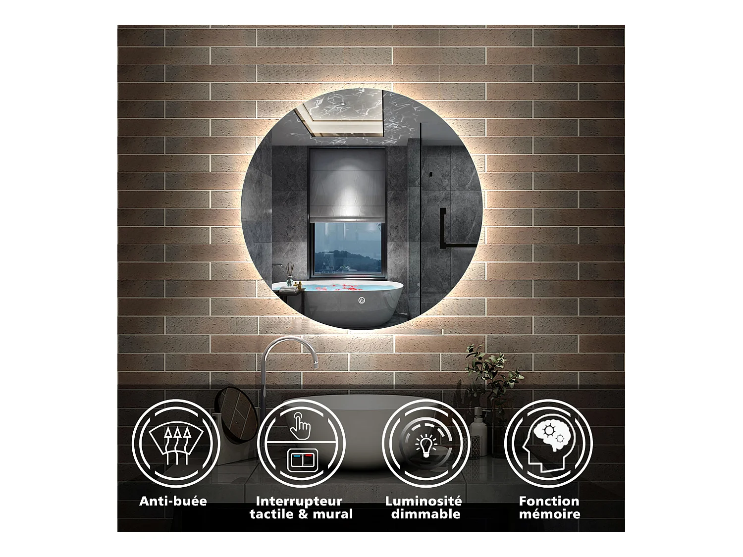 AICA Miroir Salle de Bain Rond rétro-éclairé 60cm Anti-Buée, Dimmable, Fonction Mémoire，CE// IP44