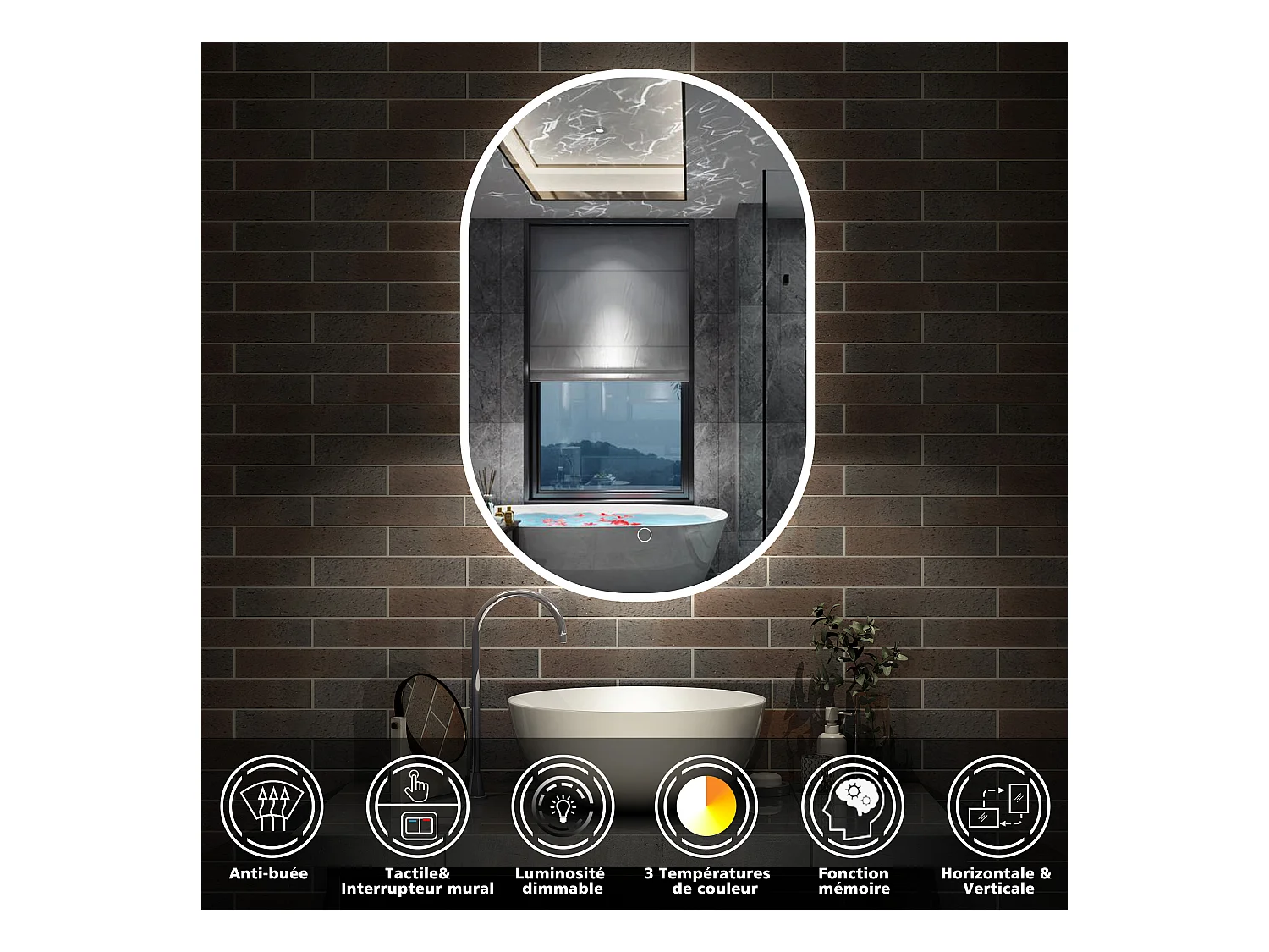 AICA Miroir salle de bain Ovale Lumineux 60x90cm 3 Colours et Dimmable et Mémoire et Anti-Buée, IP44 HD Verre Miroir-Mural