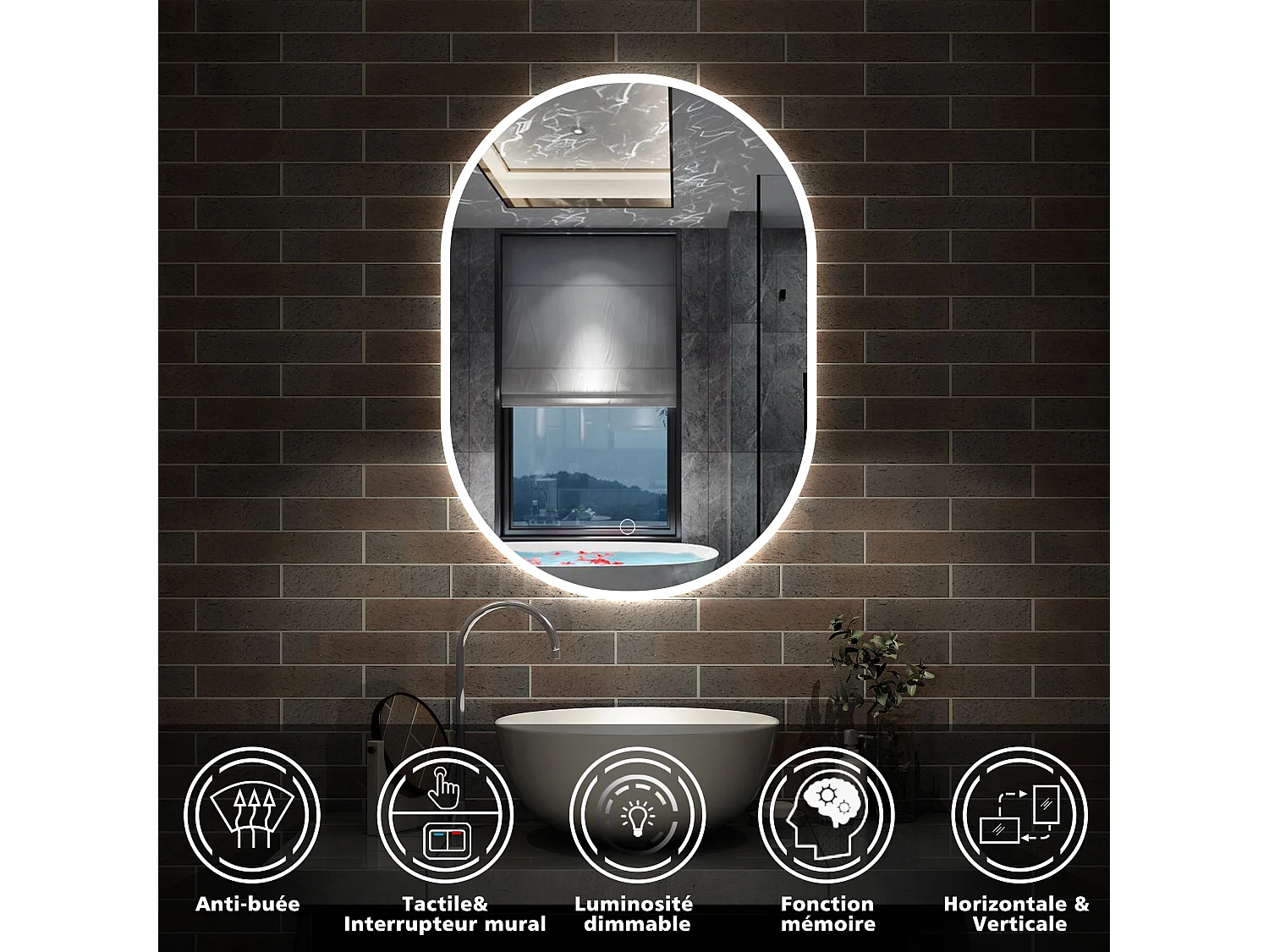 AICA Miroir de salle de bain ovale 45x90cm, mémoire et dimmable et anti-buée, IP44, CE // IP44