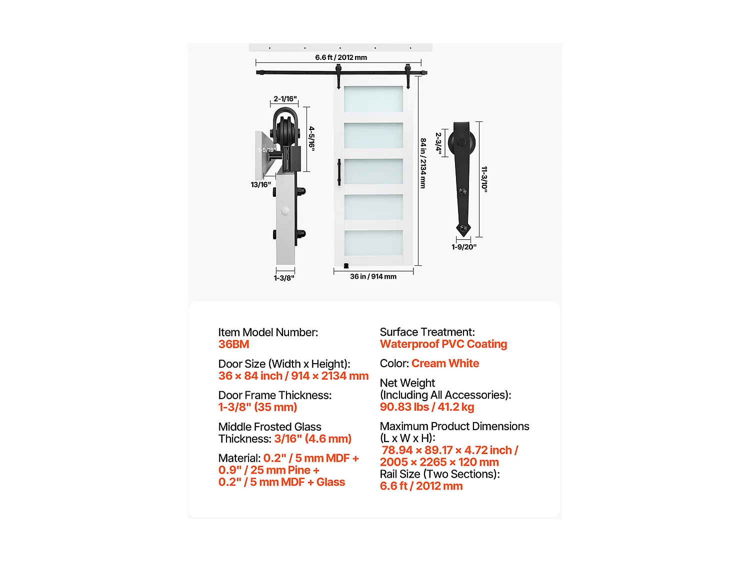 Przesuwna Drzwi Stodolane SucceBuy, 91.4 x 213.4 cm, z Płyty MDF, Zestaw Drzwi Przesuwnych z Zestawem Okuć, Wodoodporna Powierzchnia z PVC