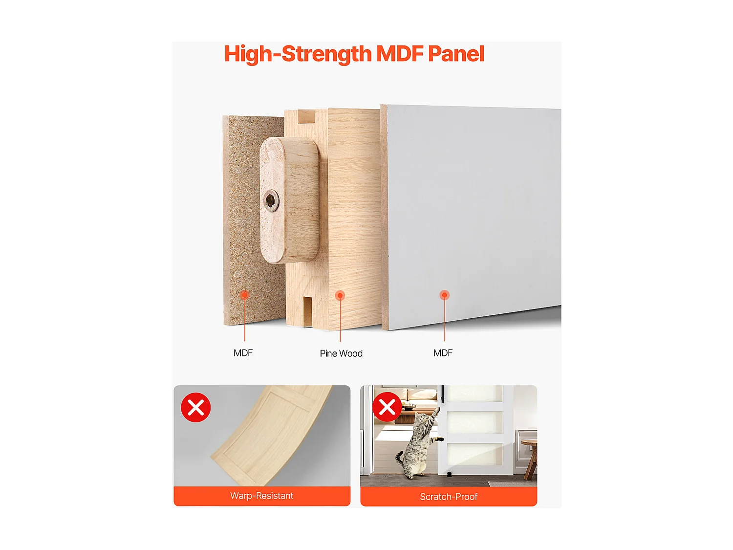 Przesuwna Drzwi Stodolane SucceBuy, 91.4 x 213.4 cm, z Płyty MDF, Zestaw Drzwi Przesuwnych z Zestawem Okuć, Wodoodporna Powierzchnia z PVC