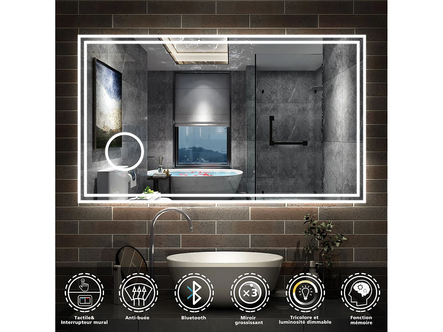 AICA Miroir salle de bain Bluetooth 140x80cm Lumineux 3 Colours et Dimmable et Loupe et Anti-Buée,CE// IP44