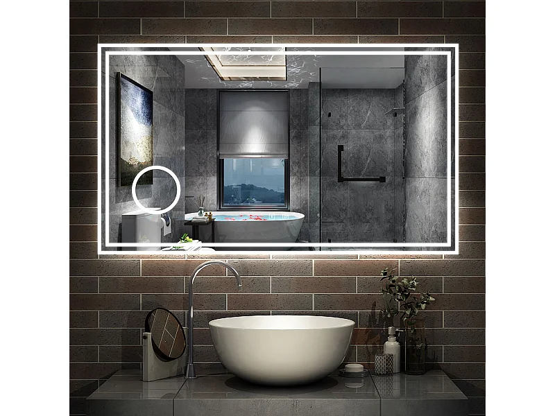 AICA Miroir salle de bain Bluetooth 140x80cm Lumineux 3 Colours et Dimmable et Loupe et Anti-Buée,CE// IP44
