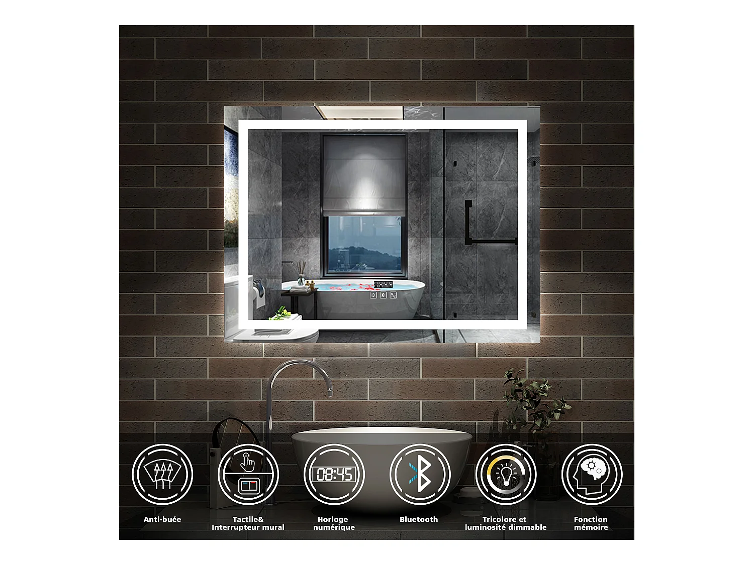 AICA Miroir de salle de bain Lumineux Bluetooth 80x60 cm, 3 Colours et Horloge et Dimmable et Anti-Buée