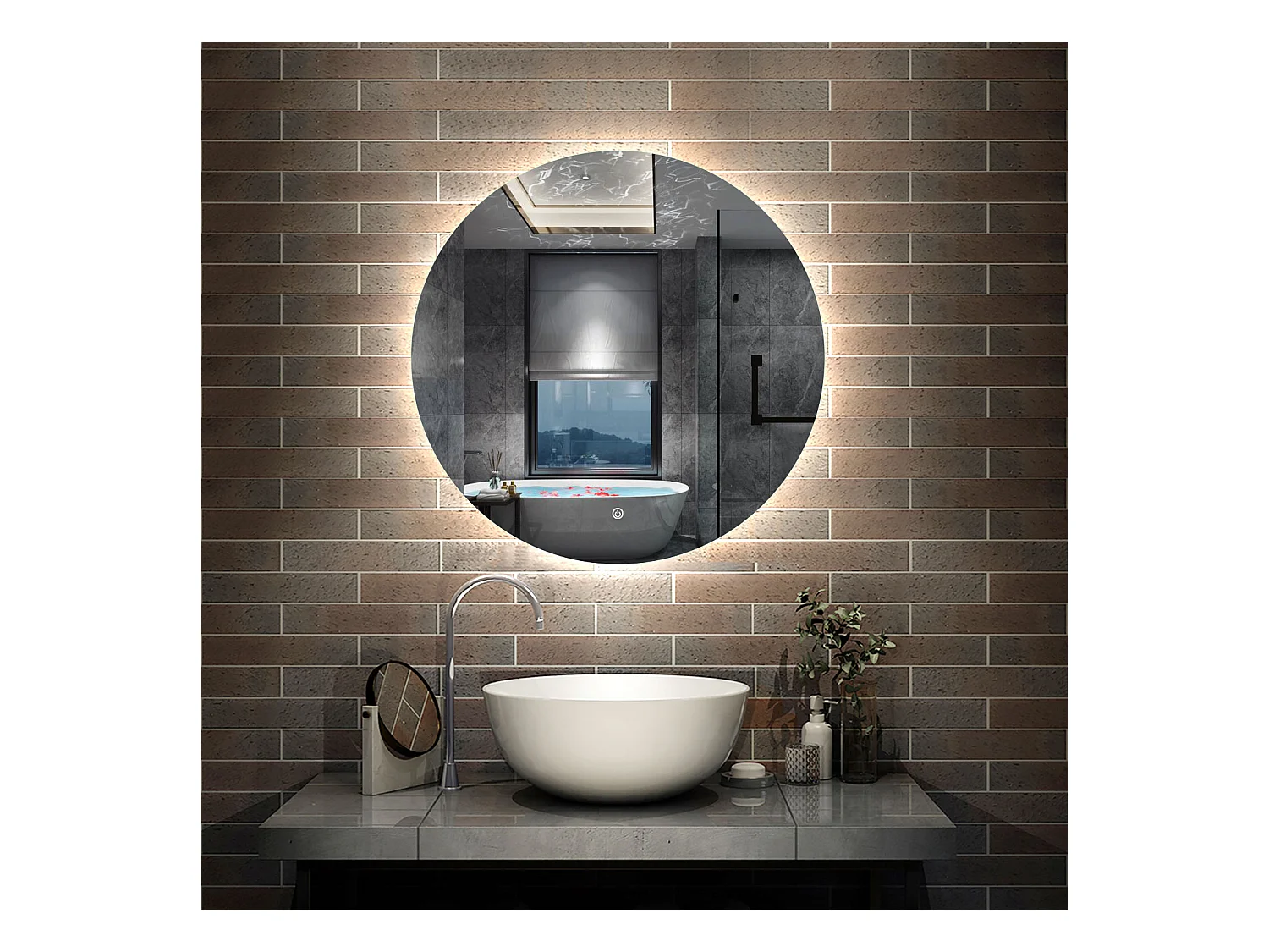 AICA Miroir Salle de Bain Rond rétro-éclairé 90cm Anti-Buée, Dimmable, Fonction Mémoire，CE// IP44