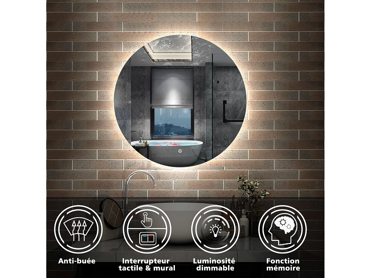 AICA Miroir Salle de Bain Rond rétro-éclairé 90cm Anti-Buée, Dimmable, Fonction Mémoire，CE// IP44