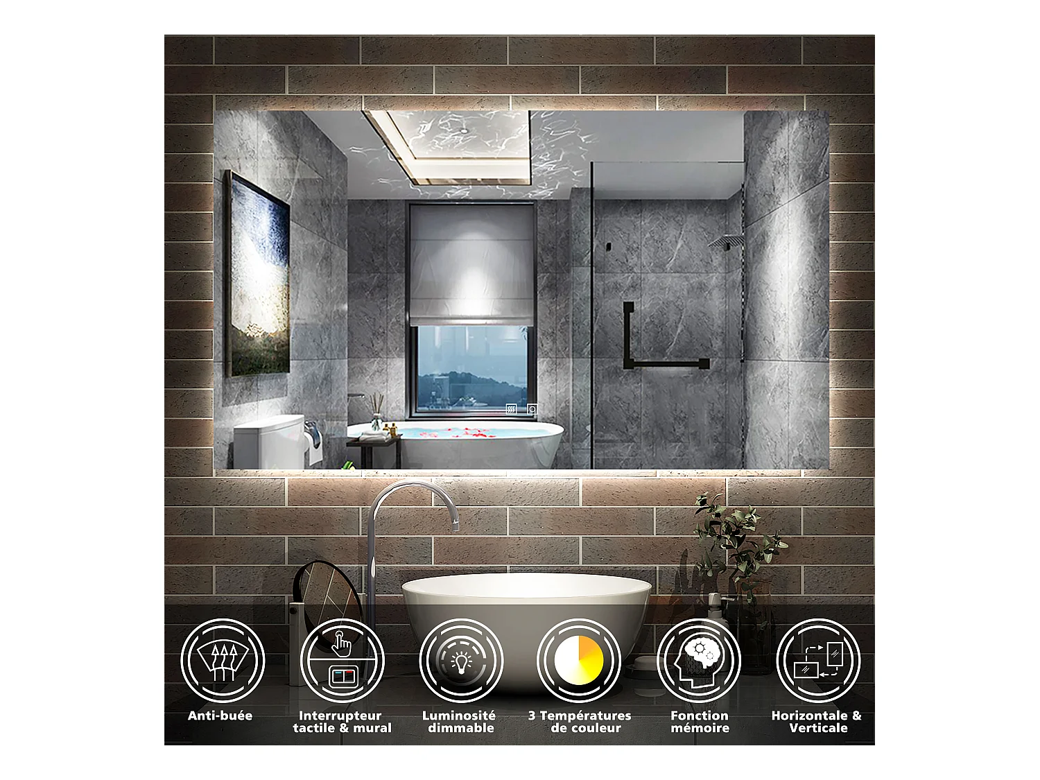 AICA Miroir de salle de bain rétro-éclairé 100x60cm, 3 Colours et Anti-Buée et Mémoire et Dimmable