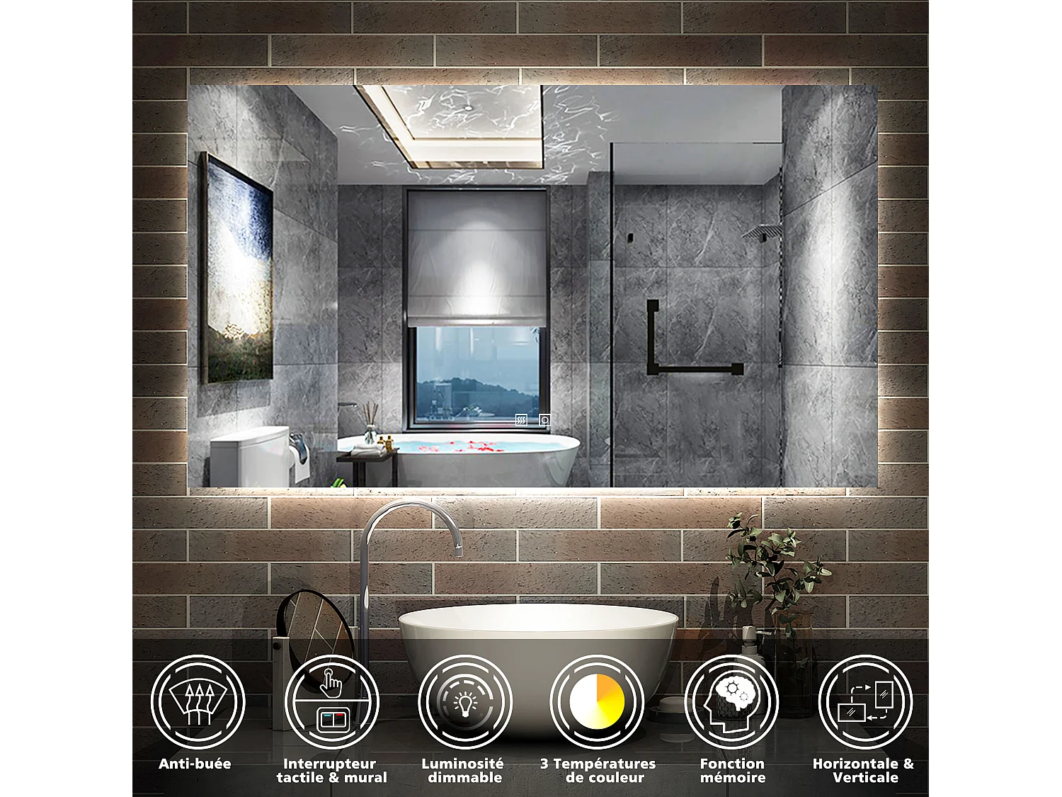 AICA Miroir de salle de bain rétro-éclairé 100x60cm, 3 Colours et Anti-Buée et Mémoire et Dimmable