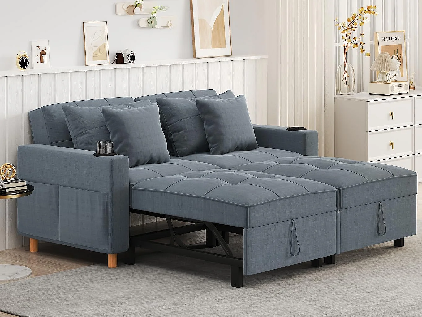 YODOLLA 3-in-1-Sofabett, Doppelschlafstuhl, Umwandelbar, Stoff-Couch, Umwandelbar, 2-Sitzer-Sofabetten für Erwachsene, Dunkelgrau