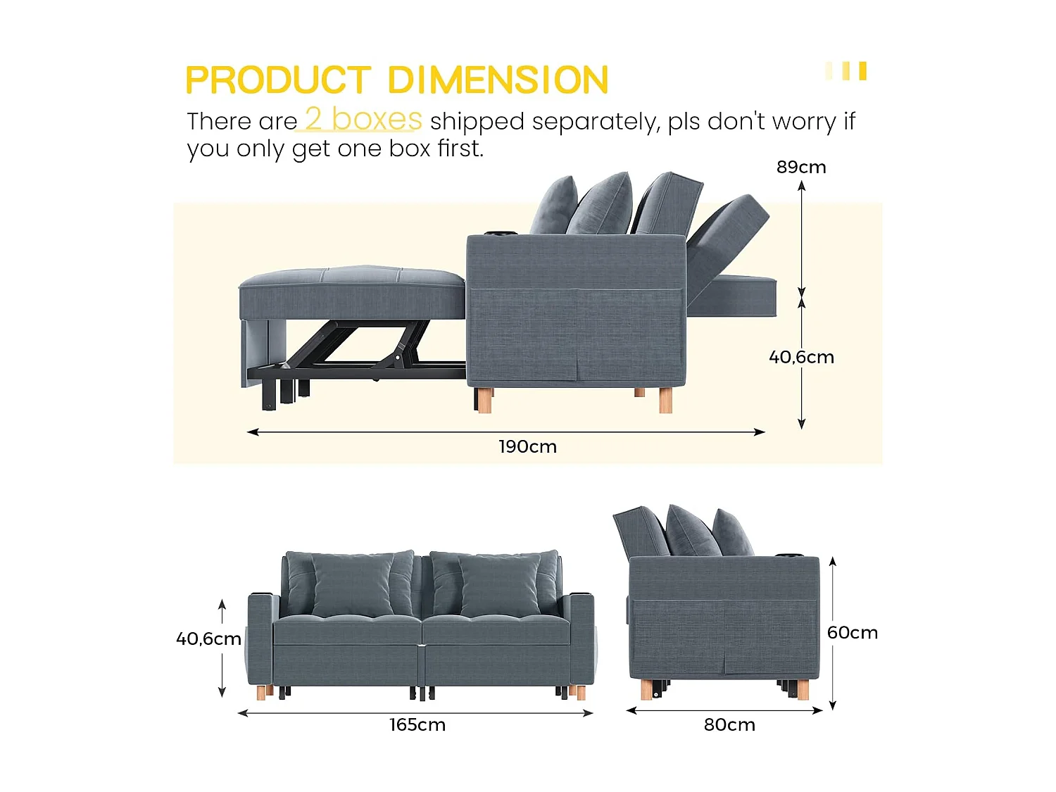 YODOLLA 3-in-1-Sofabett, Doppelschlafstuhl, Umwandelbar, Stoff-Couch, Umwandelbar, 2-Sitzer-Sofabetten für Erwachsene, Dunkelgrau